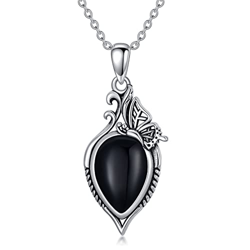 Schmetterling Schwarzer Onyx Halskette 925 Sterling Silber Vintage Retro Oxidierte Tropfen Halskette, Gothic Schwarzer Schmuck Geschenke für Frauen von Althum