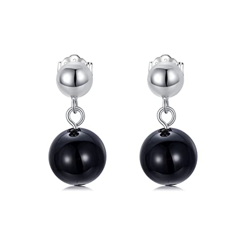 Schwarze Onyx Ohrringe 925 Sterling Silber 8mm Beaded Runde Ball Baumelnde Ohrhänger von Althum