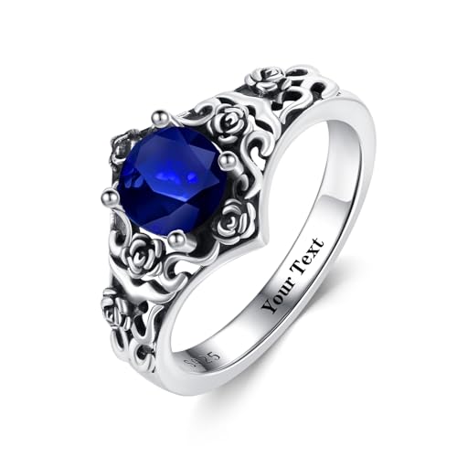 Vintage Blauer Saphir Ring 925 Sterling Silber Rundschliff Erstellt Saphir Ring Retro Filigrane Rose Saphir Personalisierte Name Versprechen Ring für Jahrestag Frauen Geschenke Größe 20 von Althum