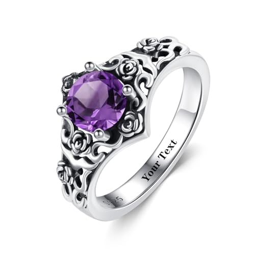 Vintage Gneuine Amethyst Ring 925 Sterling Silber 6,5 mm runde Amethyst Aussage Ring Retro filigrane Rose mit lila Amethyst Versprechen personalisierten Namen Ring für Frauen Geschenke Größe 17,25 von Althum