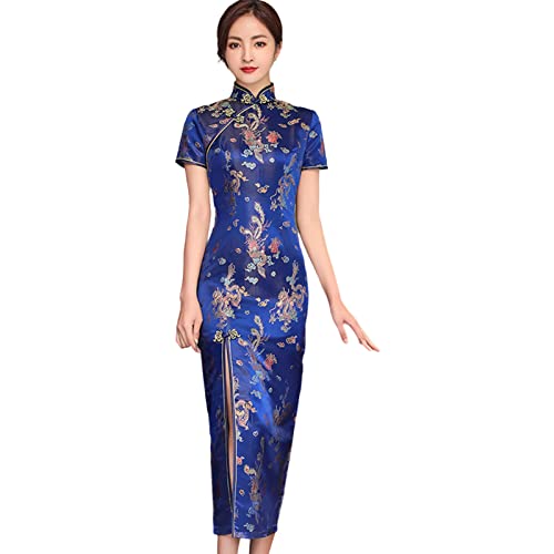 Altsuceser Damen Mandarinenkragen Vintage Stickerei Drachen Phönix Druck Cheongsam Kleid, geteilt traditionelles chinesisches Kleid Qipao Hochzeitskleid dunkelblau L von Altsuceser