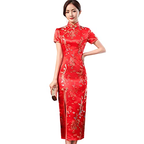 Altsuceser Damen Mandarin Kragen Vintage Stickerei Drache Phoenix Print Cheongsam Kleid, Split Traditionelles Chinesisches Kleid Qipao Hochzeitskleid Rot 3XL von Altsuceser