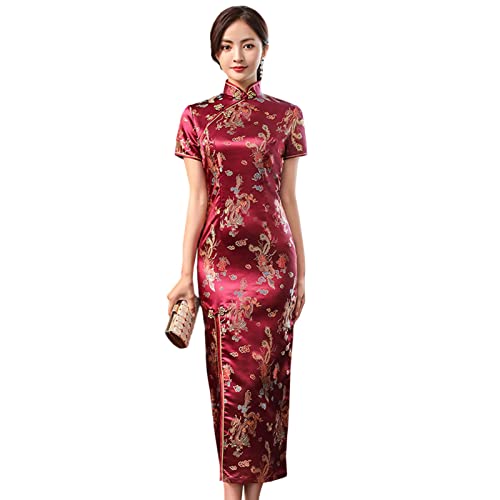 Altsuceser Damen Mandarin Kragen Vintage Stickerei Drache Phoenix Print Cheongsam Kleid, Split Traditionelles Chinesisches Kleid Qipao Hochzeitskleid Weinrot XL von Altsuceser