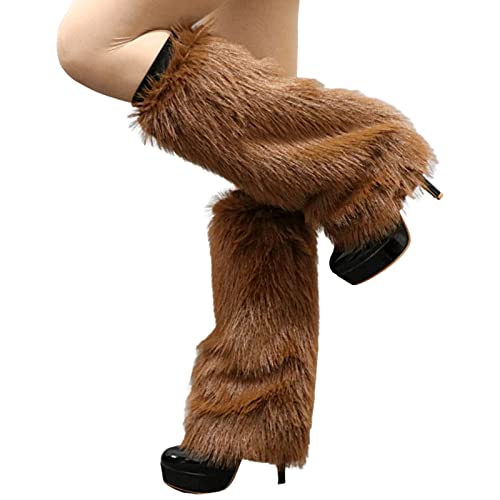 Altsuceser Plüsch Fuzzy Kunstfell Beinstulpen für Damen, Lange Stiefel Schuhe Manschettenabdeckung Knielang Hipster Warme Socke Braun 30cm von Altsuceser