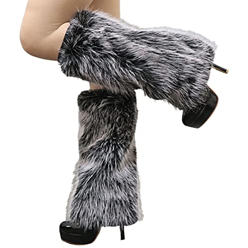 Altsuceser Plüsch Fuzzy Kunstfell Beinstulpen für Damen, Lange Stiefel Schuhe Manschettenabdeckung Knielang Hipster Warme Socke Schwarz Weiß 25cm von Altsuceser