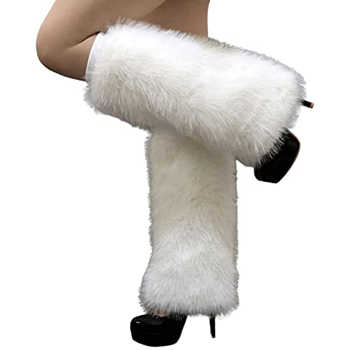 Altsuceser Plüsch Fuzzy Kunstfell Beinstulpen für Damen, Lange Stiefel Schuhe Manschettenabdeckung Knielang Hipster Warme Socke Weiß 40cm von Altsuceser