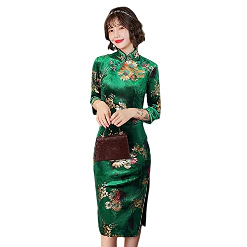 Altsuceser Traditionelles chinesisches Cheongsam-Blumendruck, hoher Schlitz, schmale Passform, Qipao-Kleid, Grün, Größe XL von Altsuceser