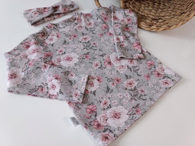 Mädchen Baby Rippjersey Langarmshirt Stirnband Blümen Floral Romantic Organic Sweater Sage Grün Rosa von AltuHandmade