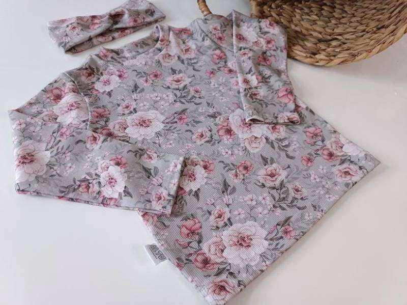 Mädchen Baby Rippjersey Langarmshirt Stirnband Blümen Floral Romantic Organic Sweater Sage Grün Rosa von AltuHandmade