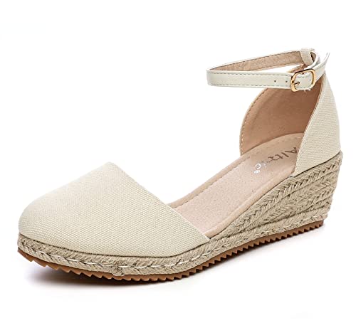 Altxic Damen Closed Toe Canvas Knöchelriemen Espadrilles Keilsandalen, beige, 38 EU von Altxic