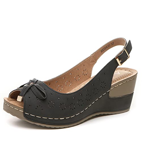 Altxic Damen Peep Toe Schleife Hollow Out Slingback Plateau Keilsandalen, schwarz, 39 EU von Altxic