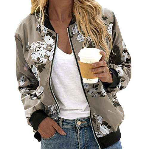 Alueeu Bomberjacke Damen Frühlingsjacke Sommerjacke Übergangsjacke Blouson, Floral Casual Jacke Damen Jacke mit Reißverschluss Blumenmuster Lässig Stil Jacke Baseballkragen Jacke, 001#khaki, XL von Alueeu