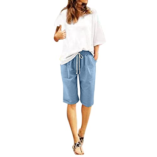 Alueeu Damen Casual Shorts Baumwolle Leichte Strandshorts Hohe Taille Große größen Shorts mit Tasche Leinen Sommerhose Kurz Stretch Weite Schlupfhose Laufshorts Locker Leinenhose von Alueeu