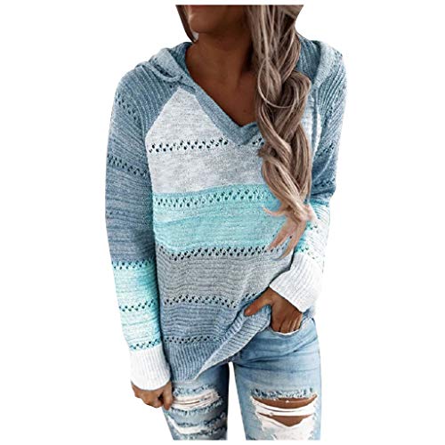 Alueeu Damen Color Block Lace Hoodies Streifen Pullover Langarm Tops Gestreift Hoodie Leichte Dünne Strickpullover Loose Casual Pullover ollow Out Langarm Kapuzenpulli Oberteile von Alueeu