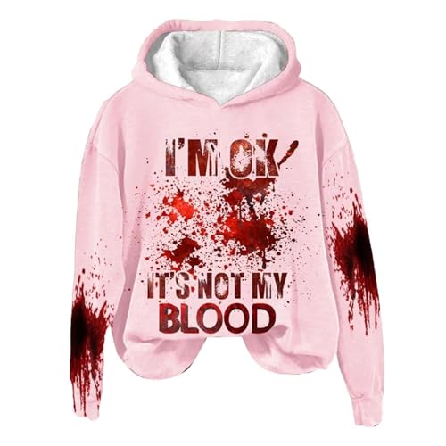 Alueeu Damen Halloween Hoodie I'm Ok It's Not My Blood bedrucktes, lässiges Langarm-Sweatshirt, weiches bedrucktes Hemd, Damen-Winter-Sweatshirt-Oberteil Damen Elegant Sexy Kapuzenpullover von Alueeu