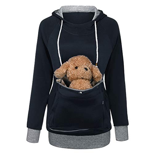 Alueeu Damen Hoodie mit Katzentasche, Kapuzenpullover Jumper mit Katzen Hund Tasche Langarm Sweatshirt mit Kapuze Kapuzenpulli mit Kängurutasche Atmungsaktive Top Herbst Winter Hoody von Alueeu