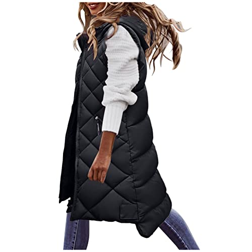 Alueeu Damen Lange Weste Mit Kapuze Ohne Ärmel Daunenweste Winterjacke Steppweste Daunenjacke Kapuzenweste Steppjacke Longweste Jacke Sportweste Übergangsjacke Übergangsweste Herbstjacke Winterweste von Alueeu