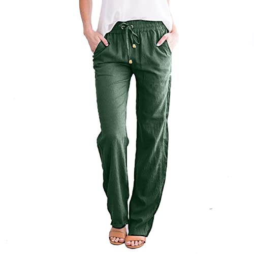 Alueeu Damen Leinenhose Weite Beine Lang Hose Sommer Loose Freizeithose Strandhose Leinen Pants Frauen Einfarbig Leicht Lang Hosen Stoffhose Baumwollhose Sommerhose mit Taschen, Z1-grün von Alueeu