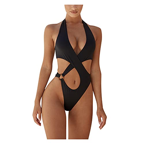 Alueeu Damen Sexy Badeanzug Bauchweg Einteiliger Sexy Tief V-Ausschnitt Monokini Frauen Bikini für Mädchen Open Front Wickel Push Up Bademode Cut Out Strandmode Swimsuit von Alueeu