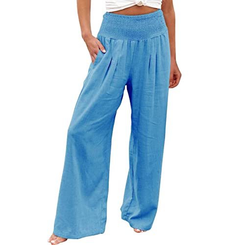 Alueeu Damen Sommerhose Leinen Leicht Freizeithose Frauen Straight Weite Beine Hose Leinenhose Lange Loose Beach Pants Mädchen Strandhose Fit Hosen Lässige Stoffhose Jogginghose Yogahose, Z2-blau von Alueeu