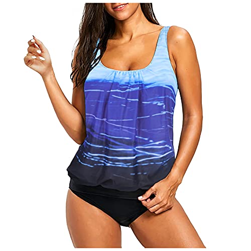 Alueeu Damen Tankini Bauchweg Zweiteilig Badeanzug Zweiteiliger Tankini Set mit High Waist Slip Oversize Schwimmanzug Strandmode Sexy Bikinislip Push Up Bademode, Blau, XL von Alueeu