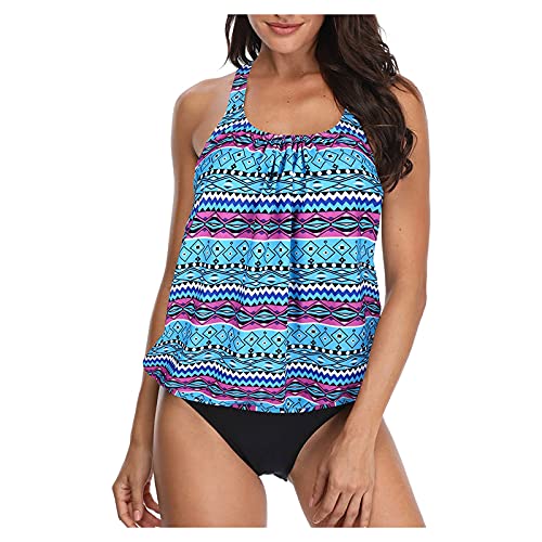 Alueeu Damen Tankini Bauchweg Zweiteilig Badeanzug Zweiteiliger Tankini Set mit High Waist Slip Oversize Schwimmanzug Strandmode Sexy Bikinislip Push Up Bademode, Z4-blau, XXL von Alueeu