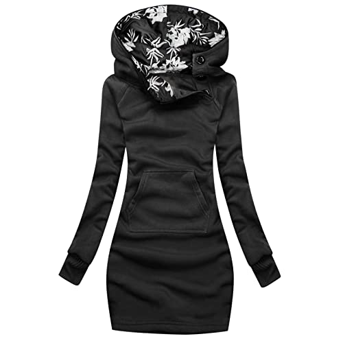 Alueeu Hoodie Kleid Pullover Kleid Lang Pulli Damen mit Kapuze Schwarz Kleider Oversize Teenager Mädchen Pullikleid Pulloverkleid Lang Sweatshirt Hoodykleid mit Kapuze Kapuzenpulli Kapuzenpullover von Alueeu