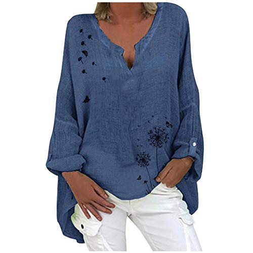 Alueeu Leinenbluse Damen Oversize Tunika Baggy Langarmshirt Leinen Longshirt mit Knöpfen Oberteile Bequem Leinen-top Lässige Große größen Blusenshirt Damenbluse Sommer Damenoberteile Hemdbluse, 4XL von Alueeu