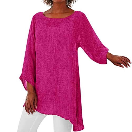 Alueeu Leinenbluse Damen Oversize Tunika Baggy Langarmshirt Leinen Longshirt mit Knöpfen Oberteile Leinen-top Lässige Große größen Blusenshirt Damenbluse Damenoberteile Hemdbluse, XL, Z2-rosa von Alueeu