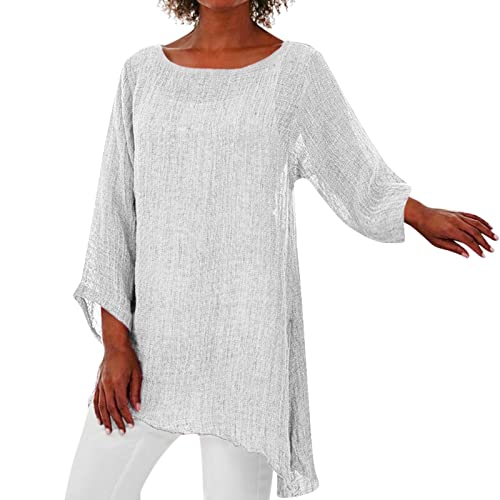 Alueeu Leinenbluse Damen Oversize Tunika Baggy Langarmshirt Leinen Longshirt mit Knöpfen Oberteile Leinen-top Lässige Große größen Blusenshirt Damenbluse Damenoberteile Hemdbluse, Z2-weiß, 3XL von Alueeu