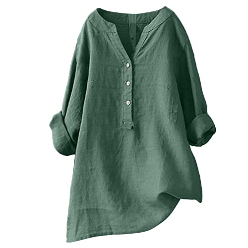 Alueeu Leinenbluse Damen Oversize Baggy Langarmshirt Leinen Longshirt mit Knöpfen Leinen-top Große größen Blusenshirt Damenbluse Sommer Damenoberteile Hemdbluse, XL, Z6-grün von Alueeu