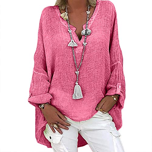 Alueeu Leinenbluse Damen Tunika Baggy Langarmshirt Leinen Longshirt mit Knöpfen Oberteile Bequem Leinen-top Lässige Große größen Blusenshirt Damenbluse Sommer Damenoberteile Hemdbluse, 5XL, Z5-rosa von Alueeu