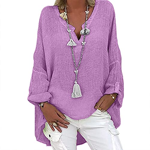 Alueeu Leinenbluse Damen Tunika Baggy Langarmshirt Leinen Longshirt mit Knöpfen Oberteile Bequem Leinen-top Lässige Große größen Blusenshirt Damenbluse Sommer Damenoberteile Hemdbluse, 5XL, Z5-lila von Alueeu