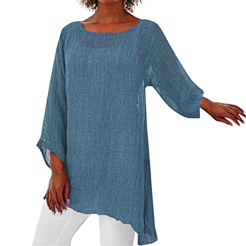 Alueeu Leinenbluse Damen Oversize Tunika Baggy Langarmshirt Leinen Longshirt mit Knöpfen Oberteile Leinen-top Lässige Große größen Blusenshirt Damenbluse Damenoberteile Hemdbluse, Z2-blau von Alueeu