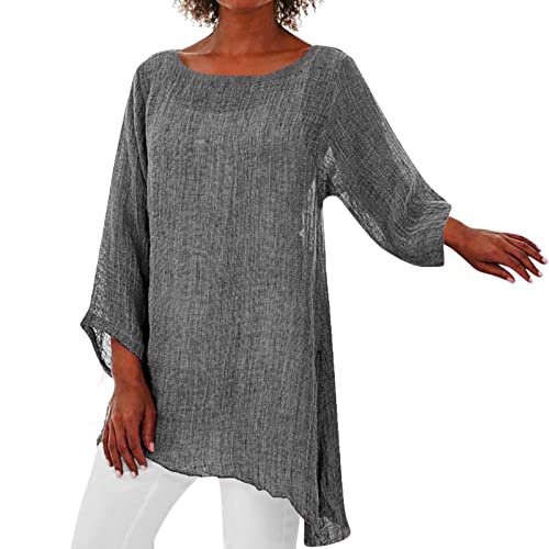 Alueeu Leinenbluse Damen Oversize Tunika Baggy Langarmshirt Leinen Longshirt mit Knöpfen Oberteile Leinen-top Lässige Große größen Blusenshirt Damenbluse Damenoberteile Hemdbluse, Z2-grau, 3XL von Alueeu