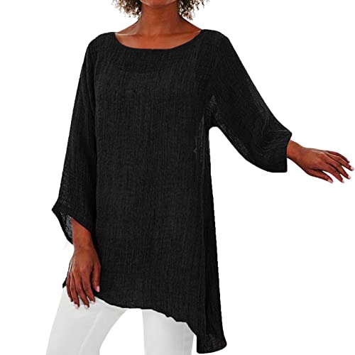 Alueeu Leinenbluse Damen Oversize Tunika Baggy Langarmshirt Leinen Longshirt mit Knöpfen Oberteile Bequem Leinen-top Lässige Große größen Blusenshirt Damenbluse Sommer Damenoberteile Hemdbluse von Alueeu