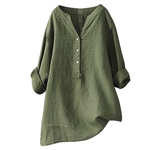 Alueeu Leinenbluse Damen Oversize Baggy Langarmshirt Leinen Longshirt mit Knöpfen Leinen-top Große größen Blusenshirt Damenbluse Sommer Damenoberteile Hemdbluse, Z4-grün von Alueeu