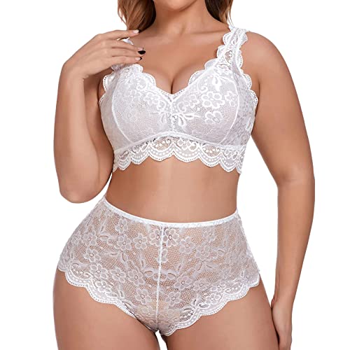 Alueeu Plus Size Sexy Dessous V-Ausschnitt Hohe Taille Blumenspitze BH und Höschen 2-teiliges Set ohne Bügel Unterhosen Damen Set von Alueeu