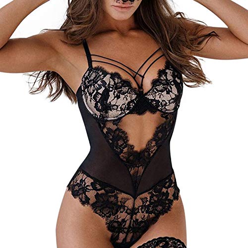 Alueeu Dessous Damen Für Sex Schritt offen Dessous-Set Tiefer V-Ausschnitt Halfter Spitze Reizwäsche Negligee Babydoll Nachtwäsche Nachthemd Lingerie Nachtkleid G-String Sleepwear, Z1-schwarz, 3XL von Alueeu