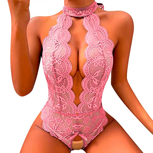 Alueeu Dessous Damen Für Sex Schritt offen Dessous-Set Tiefer V-Ausschnitt Halfter Spitze Reizwäsche Negligee Babydoll Nachtwäsche Nachthemd Lingerie Nachtkleid G-String Sleepwear, 4# Rosa von Alueeu