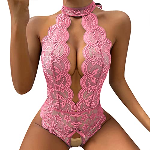 Alueeu Dessous Damen Für Sex Schritt offen Erotische Set Tiefer V-Ausschnitt Halfter Spitze Reizwäsche Negligee Babydoll Nachtwäsche Nachthemd Lingerie Nachtkleid G-String Sleepwear, 5# Rosa, 5XL von Alueeu