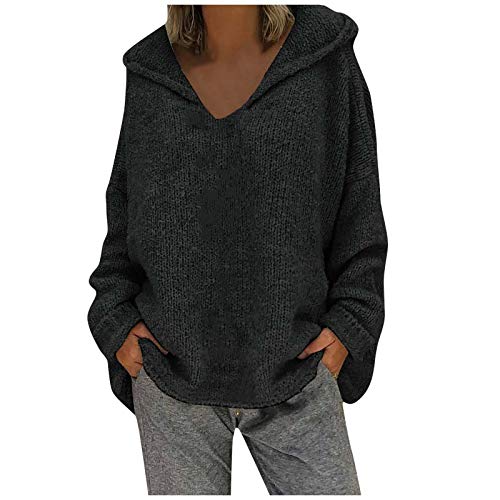 Alueeu Strick Hoodie mit Kapuze Kapuzenpullover Damen Strickpullover Oversize Pulli Pullover Grobmaschig Strickpulli Grobstrick Vintage Hoody Kapuzenpulli, M, Schwarz von Alueeu