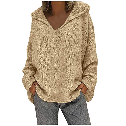 Alueeu Strick Hoodie mit Kapuze Kapuzenpullover Damen Strickpullover Oversize Pulli Pullover Grobmaschig Strickpulli Grobstrick Vintage Hoody Kapuzenpulli, Beige von Alueeu