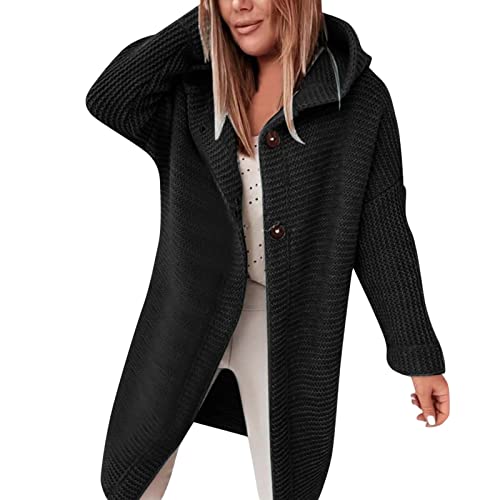 Alueeu Strickjacke Damen Grobstrick Cardigan Lang Damen Cardigan Langarm Grobstrickjacke Strickmantel mit Kapuze und Knopf Wintermäntel Longstrickjacke Outwear Elegant ÜBergangsjacke von Alueeu