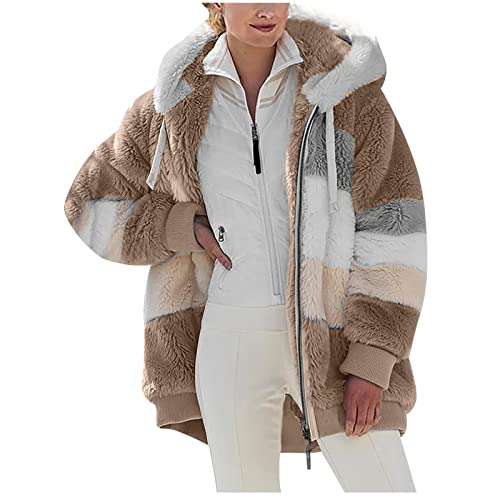 Alueeu Teddymantel Frauen Lang Braun Neu Weinrot Plüschjacke Plüsch Oberbekleidung Kunstpelzjacke Wintermantel Zip Hoodie Teddy Jacke Full Zip Winterjack Coat Fleecejacke Kapuzenmantel Plüschmantel von Alueeu