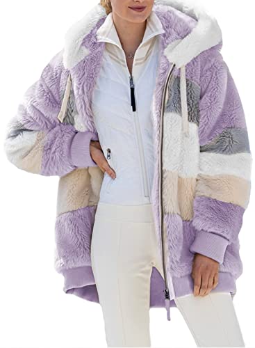 Alueeu Teddymantel Frauen Lang Braun Neu Weinrot Plüschjacke Plüsch Oberbekleidung Kunstpelzjacke Wintermantel Zip Hoodie Teddy Jacke Full Zip Winterjack Coat Fleecejacke Kapuzenmantel Plüschmantel von Alueeu