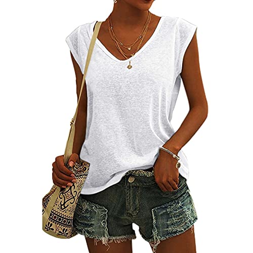 Bluse Damen Elegant ärmellose t-Shirt Crop Tops Shirt Teenager Mädchen Weiß Oberteile Frauen Schwarz Kleidung Frau Grau Sommer Shirts Top V-Ausschnitte Tshirt Casual Rundhals Klamotten Oberteile von Alueeu