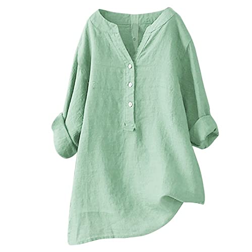 Bluse Damen Leinen Langarmhemd Oberteile Elegant Weiche Leinenbluse Sommer Casual Loose Blusen Knopfleiste Langarm Damenshirt Baumwolle Longshirt Übergröße Leinenoberteile von Alueeu