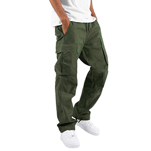 Cargo Hose Herren, Herren Lange Regular Fit Freizeithose Baumwolle Einfarbig Arbeitshose Loose Casual Cargohose mit Taschen Freizeithose Vintage Sporthose Trekkinghose für Männer Streetwear von Alueeu