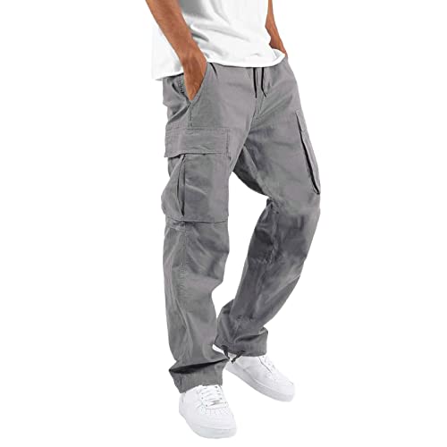 Cargo Hose Herren, Herren Lange Regular Fit Freizeithose Baumwolle Einfarbig Arbeitshose Loose Casual Cargohose mit Taschen Freizeithose Vintage Sporthose Trekkinghose für Männer Streetwear von Alueeu